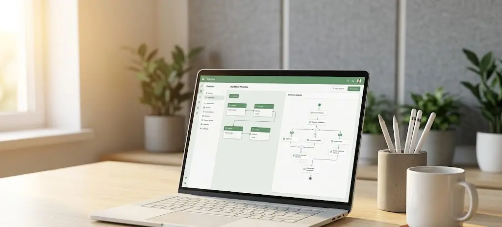 Estación de trabajo digital con diagramas lógicos para automatizar procesos empresariales con éxito.