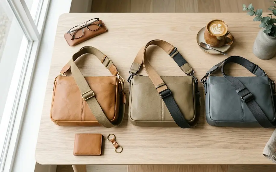Variedad de carteras urbanas comodas de cuero ecológico y cinta tejida dispuestas sobre un mostrador de madera de diseño minimalista.