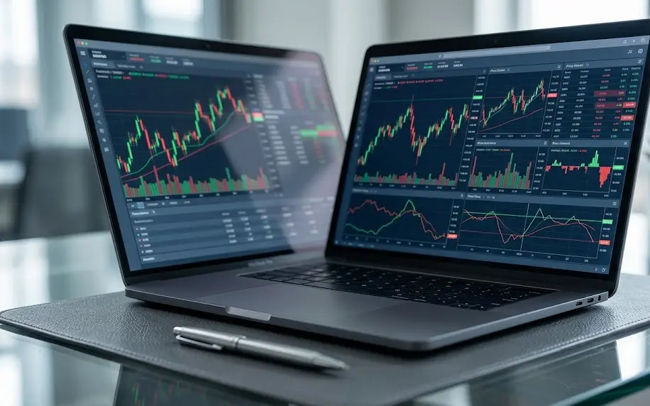 Terminal de trading activa en una laptop con gráficos de precios y velas japonesas.