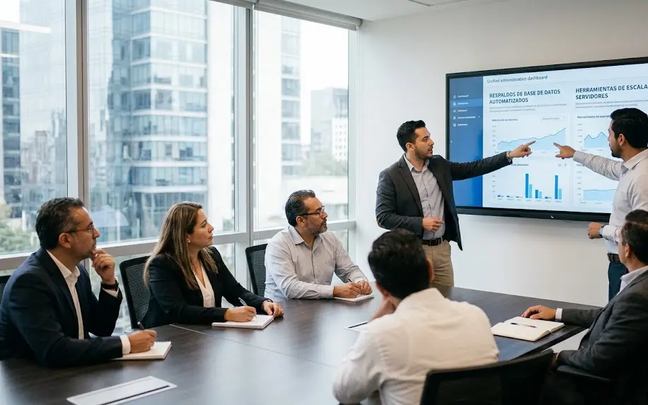 Consultores de tecnología analizando un panel de administración unificada de servicios cloud para una corporación en español.