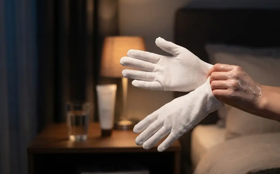 Manos con crema reparadora intensiva colocándose unos guantes de algodón blanco para un tratamiento nocturno oclusivo.