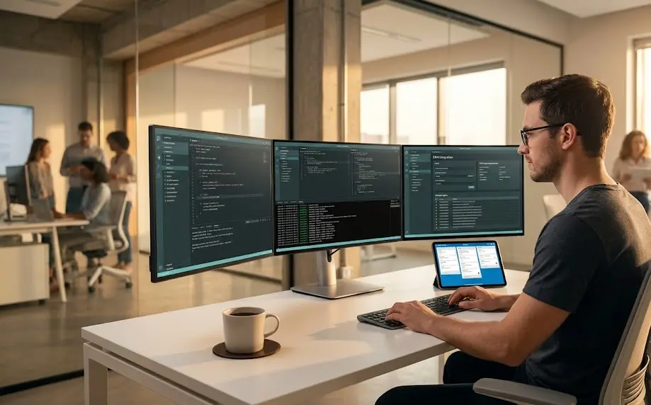 Desarrollador configurando flujos de datos estructurados para integrar copilotos de IA en el CRM corporativo.