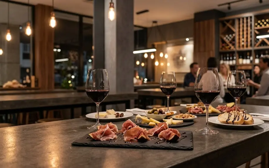Mesa con tablas de tapas gourmet y copas de vino tinto Bouza en un restaurante de diseño moderno en el centro de Punta del Este.