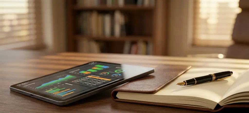 Pantalla de tablet mostrando estadísticas de rendimiento operativo en un despacho legal moderno.