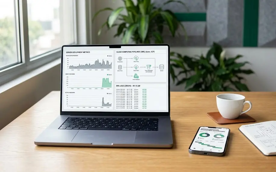 Especialista técnico configurando servicios de transformacion digital en la nube corporativa.