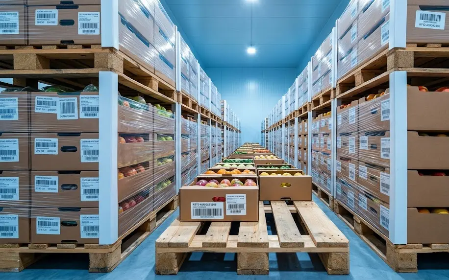Palés de fruta listos para exportación con etiquetas RFID y códigos de barras de trazabilidad fitosanitaria internacional.