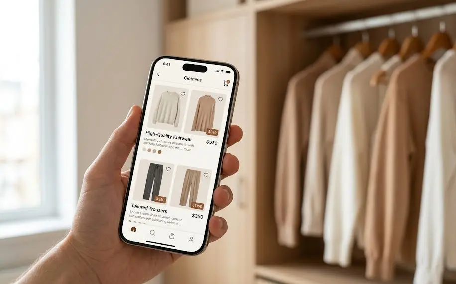 Pantalla de smartphone mostrando el catálogo de una de las mejores tiendas de ropa virtuales de moda en Argentina.