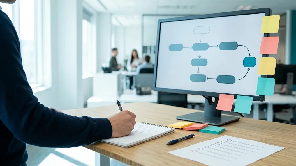 Analista que anota en una libreta los atajos que usa su equipo al adaptar procesos al software, con un diagrama de flujo abstracto en pantalla