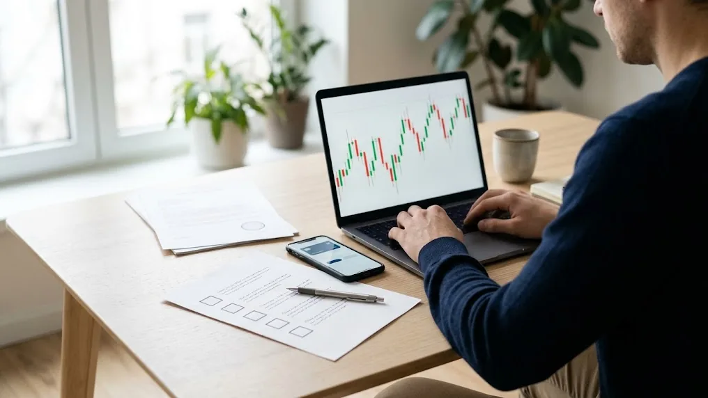 Persona revisa en su laptop una lista de verificación junto a un gráfico de divisas mientras estudia cómo elegir un bróker de forex