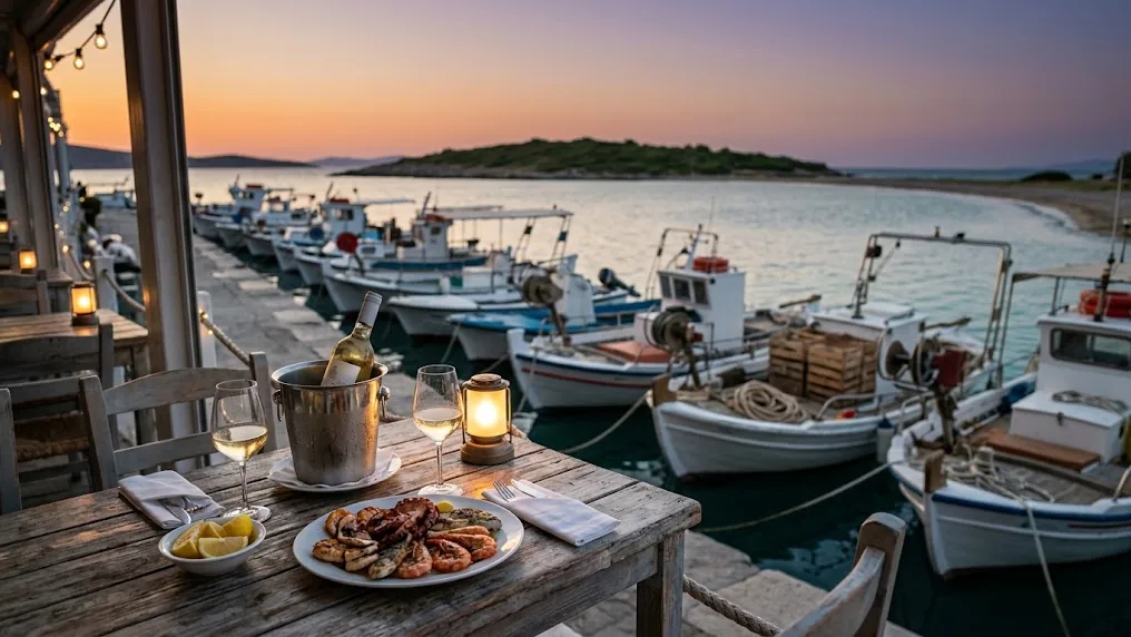 Terraza de un restaurante junto a un puerto con barcos pesqueros al atardecer, imagen de la gastronomía de Punta del Este por zonas