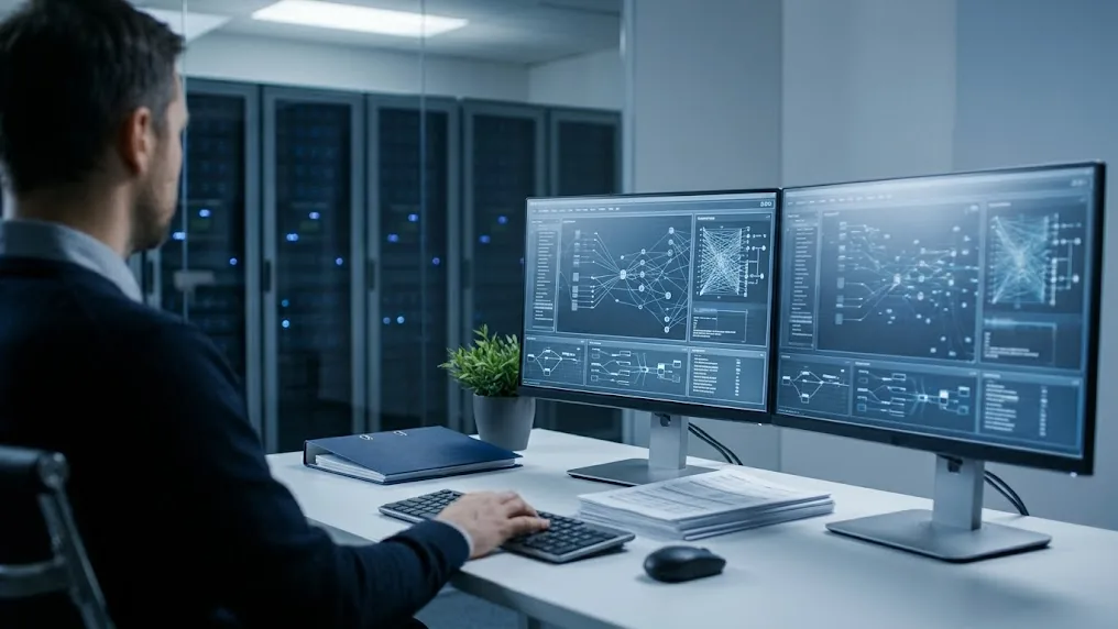 Monitores de una oficina muestran flujos abstractos de datos entre servidores para representar el intercambio automático de información fiscal