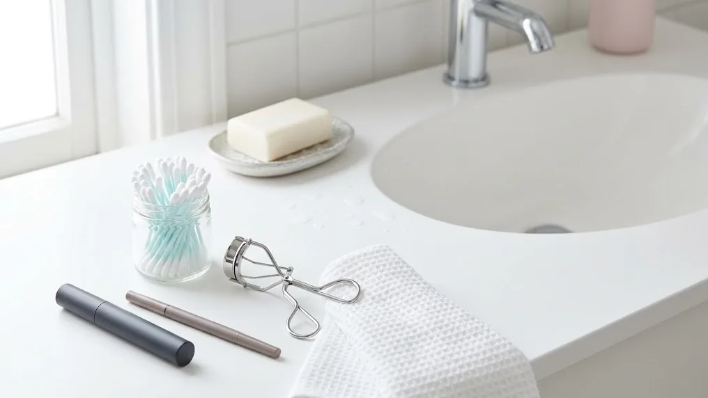 Maquillar pestañas y cejas con seguridad: manos lavadas, máscara de pestañas y lápiz de cejas ordenados junto a un lavabo luminoso