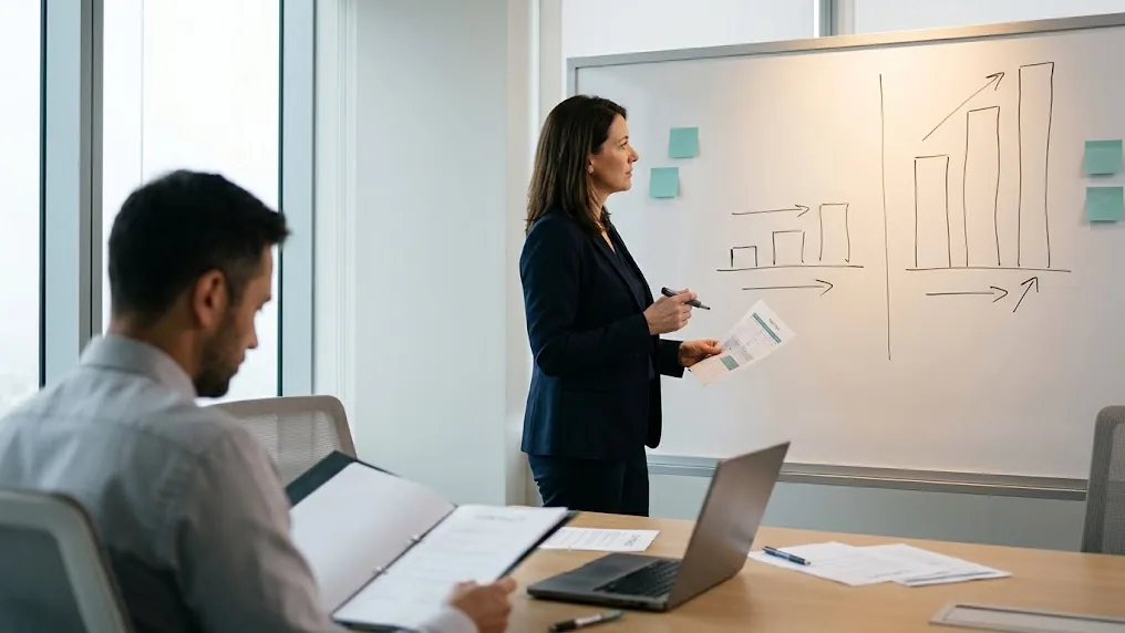 Directora de una empresa compara en una pizarra metas prudentes y máximas de la matriz de indicadores COMAP para su proyecto de inversión