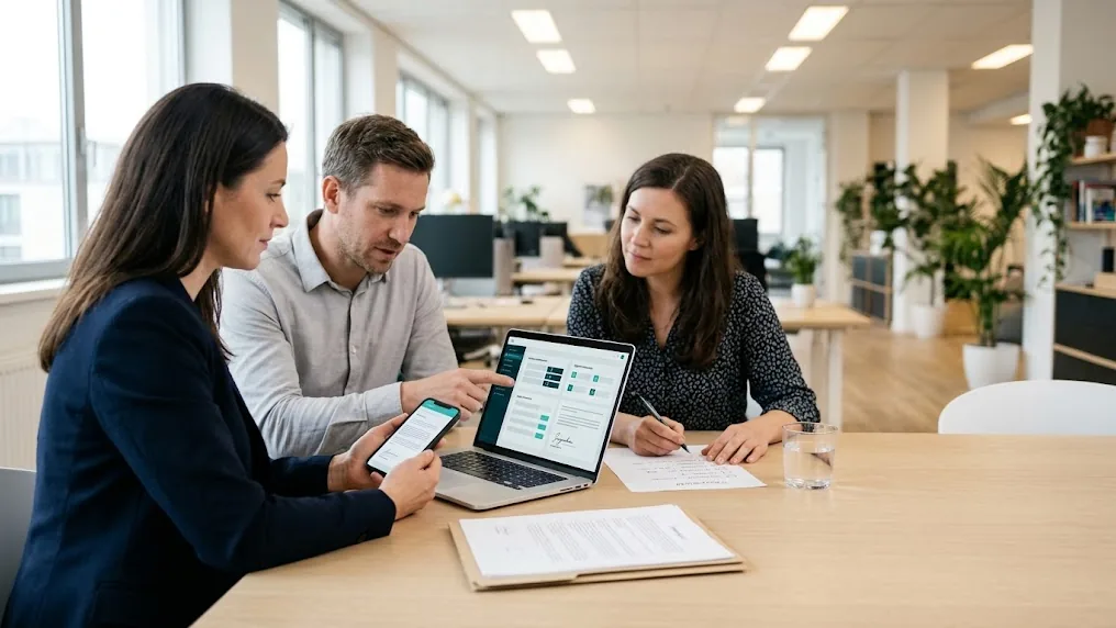 Equipo de una empresa revisa en una laptop y un celular las mejores plataformas de firma digital en Latinoamérica antes de elegir una
