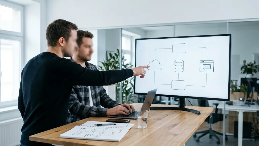 Equipo técnico revisa en una sala de trabajo un asistente conectado a los sistemas internos, imagen sobre modelos de lenguaje en la nube