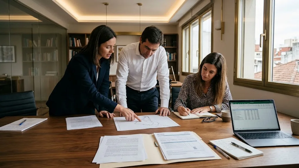 Equipo de asesores revisa contratos y planillas fiscales en una oficina de Montevideo para ordenar operaciones regionales desde Uruguay