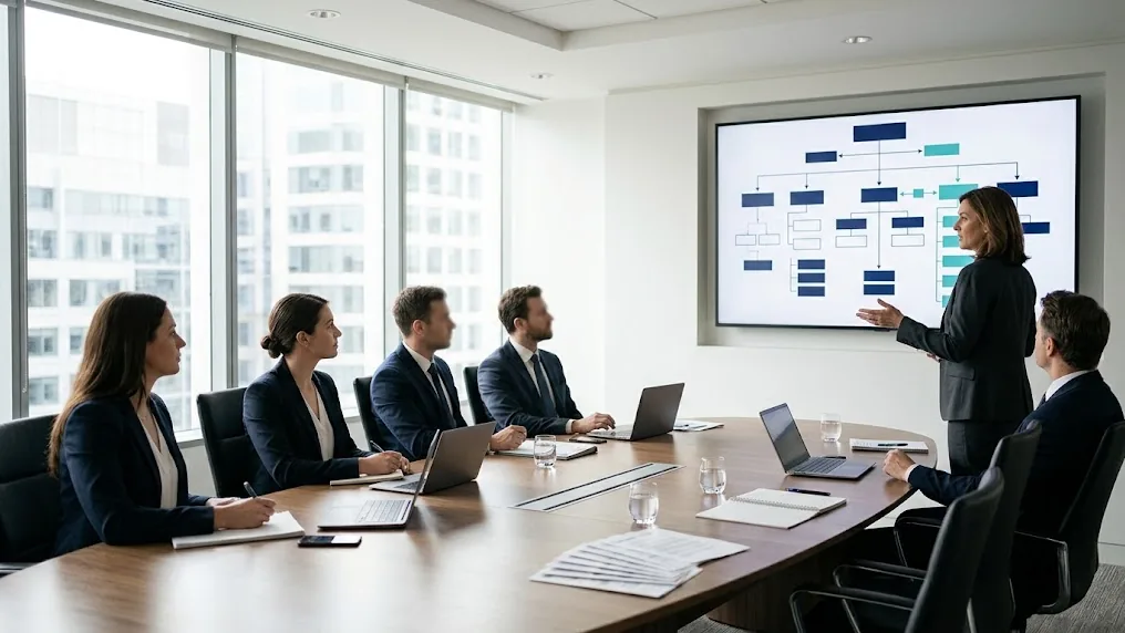 Directora financiera presenta a su equipo un esquema de sociedades en una pantalla para explicar cómo afecta el plan BEPS de la OCDE a la empresa