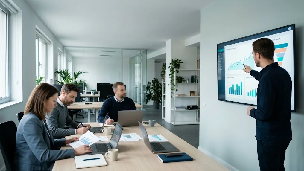 Equipo de una agencia de performance digital revisa en una pantalla el costo por cliente y los resultados de sus campañas durante una reunión