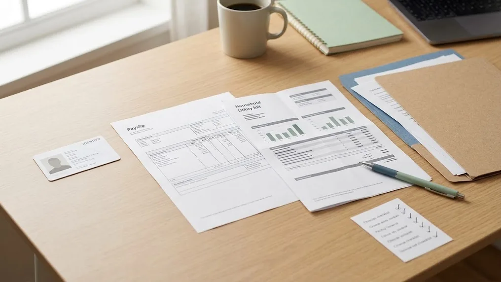 Documentos para los requisitos de un préstamo personal ordenados sobre un escritorio: cédula, recibo de sueldo, factura de domicilio y carpeta abierta