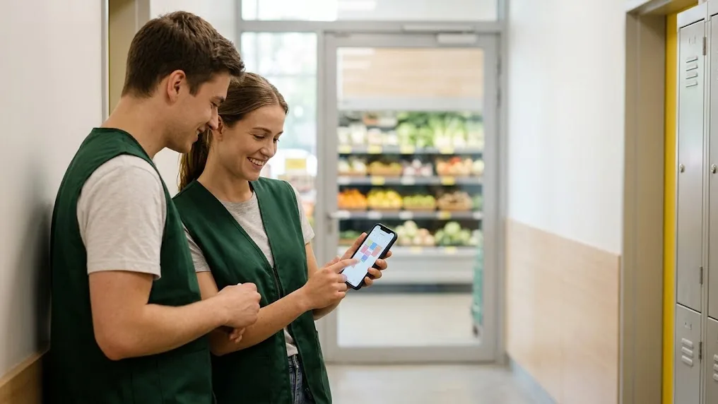 Dos empleados de un supermercado miran en el móvil su horario de turnos de la semana y sonríen antes de entrar, reflejo de la satisfacción laboral