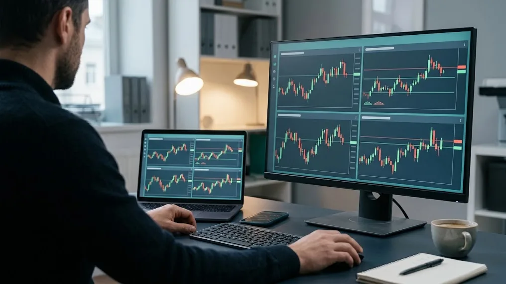 Operador analiza en un monitor varios gráficos ordenados de una plataforma de trading con tecnología Sirix antes de decidir su entrada
