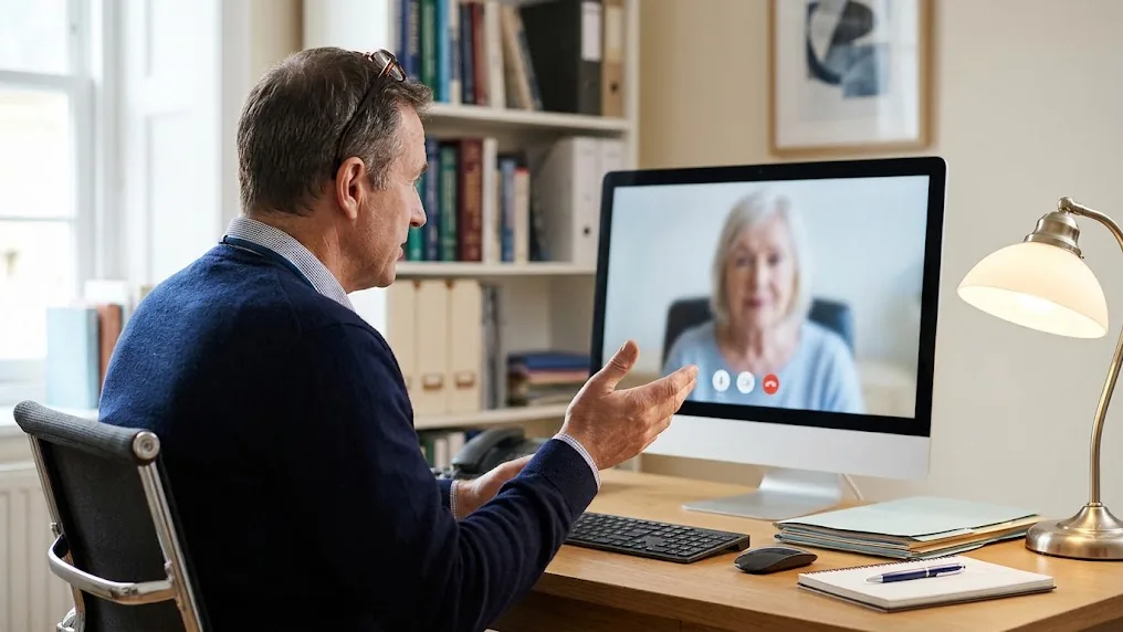 Médico de una clínica explica a una paciente por videollamada el consentimiento de la consulta, un caso típico de telemedicina en Uruguay