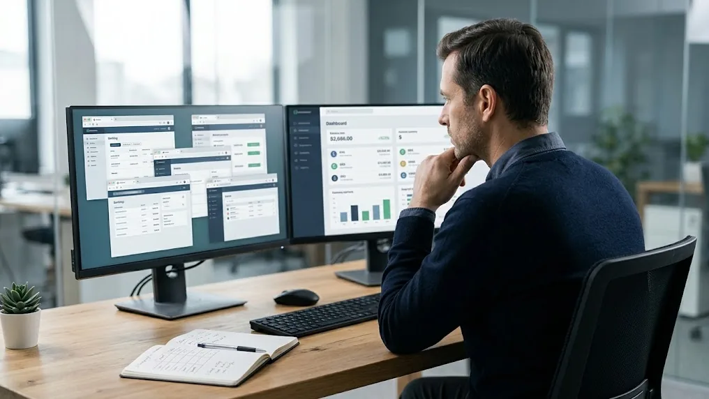 Tesorero de una empresa compara en dos monitores los saldos de cuentas en distintas monedas para elegir un modelo de tesorería multidivisa ordenado