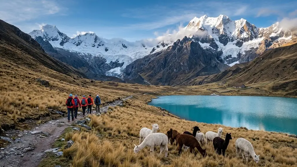 Senderistas junto a una laguna turquesa con montañas nevadas y rebaño de alpacas en los Andes peruanos, lejos de Machu Picchu